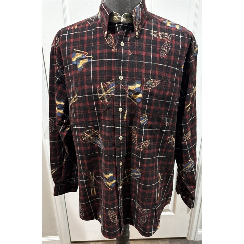 Tommy Hilfiger Long Sleeve Flannel Shirt Large - Red w/Sleds, Ice Skates, Skis
